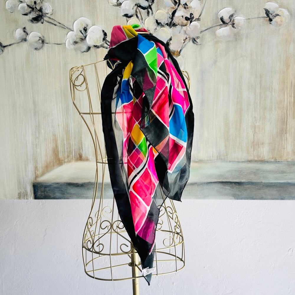 Bill Blass Scarf 38x39 Colorful Geometric Mosaic Print Black Border